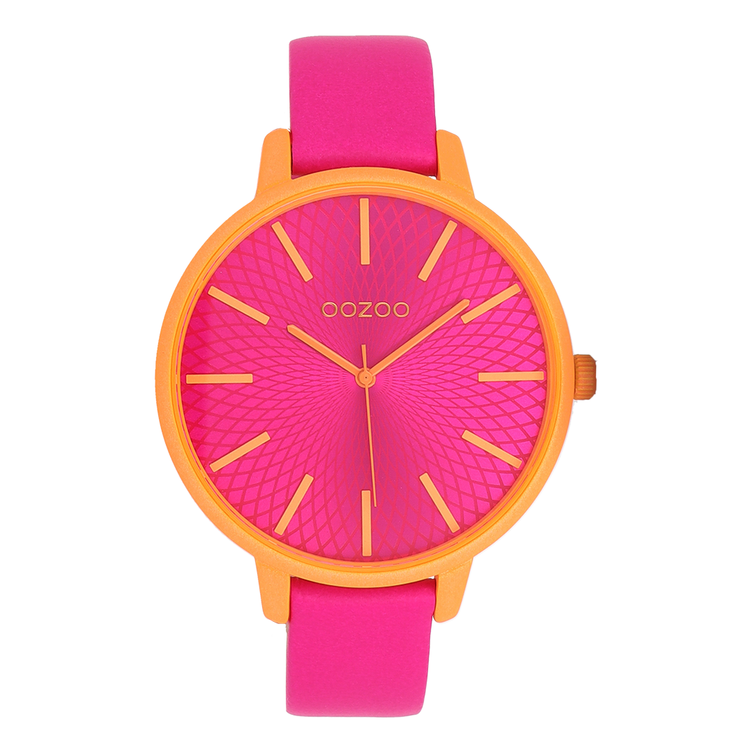 OOZOO Timepieces, C11737, Damenuhr, Gehäuse Orange, Zifferblatt Rosa, Lederarmband Rosa
