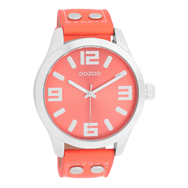 OOZOO Timepieces - C1073 - Damen - Leder-Armband - Korallenrot/Silber