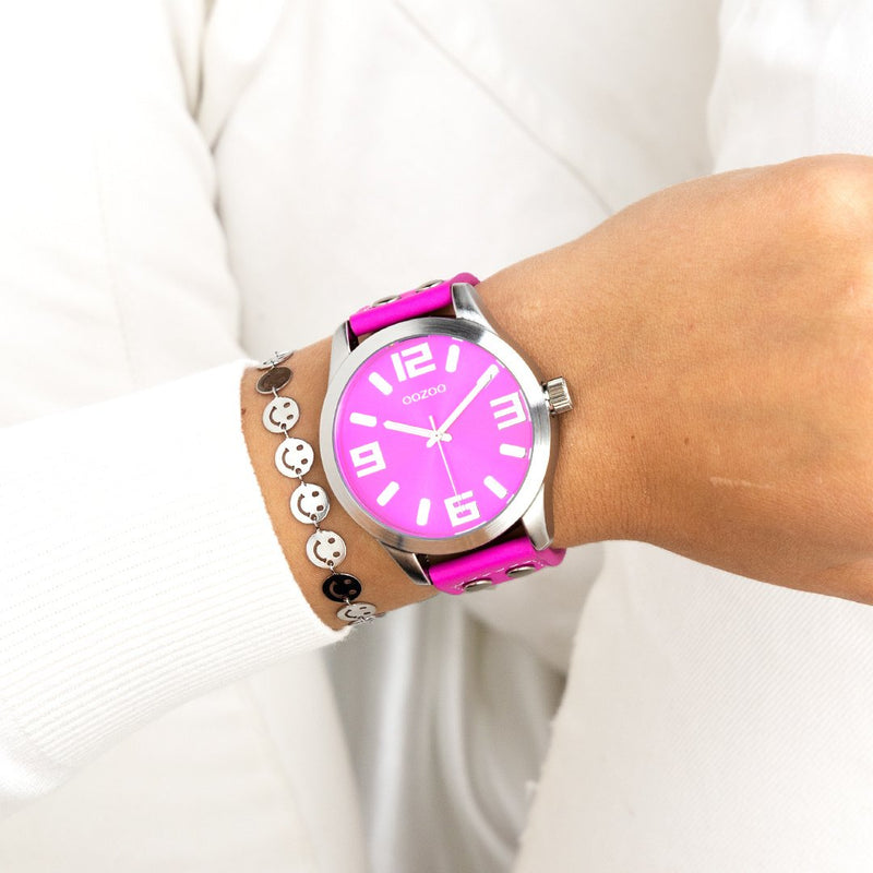 OOZOO Timepieces - C1074 - Damen - Leder-Armband - Neonpink/Silber